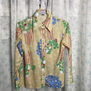 Vintage Lerner Blouse Nylon Art to Wear Graphic Flowers 70's Mod Style
